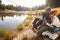 Grandfather Teaching Grandson To Fish By Lake