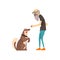 Grandfather training his dog, lonely senior man and his animal pet vector Illustration on a white background