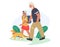 Grandfather walking with grandson and dog in the park, flat vector illustration. Grandparent grandchild relationships.