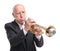 Grandfather wearing a suit on a trumpet on a white background