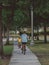 Grandma and boy biking through historic dowtown Sanford, Florida