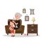 Grandma with her grand daughter sitting in sofa talking while playing teddy bear in living room telling story