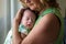 Grandma holding newborn baby boy by the window to take a nap at home