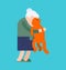 Grandma hugs cat. grandmother loves pet. granny amd home animal. vector illustration