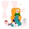 Grandma knitting quilt of yarn in cozy armchair. Old woman happy with her hobby in living room. Elderly Lady with cat in