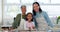 Grandma, mother and girl baking in kitchen for lunch, breakfast and prepare meal at home. Family, cooking and portrait