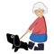 grandma walking with guide dog. Happy owner with pet. Cartoon style.