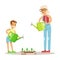 Grandmother And Boy Watering Plants, Part Of Grandparents Having Fun With Grandchildren Series