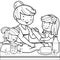 Grandmother and children cooking in the kitchen. Vector black and white coloring page.