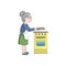Grandmother cooks pies near the stove. Vector color