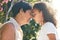 Grandmother, girl and forehead together in garden with eyes closed, connection and bonding with love in summer. Woman