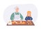 Grandmother and granddaughter couple cooking dinner at the table in the kitchen. Cartoon character concept preparing