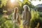 Grandmother and granddaughter enjoying the garden backyard at sunrise. AI generative