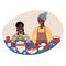 Grandmother and granddaughter preparing meal together. Flat style illustration.