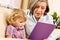 Grandmother and granddaughter read book together
