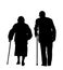 Grandmother and grandfather couple walking with stick together vector silhouette isolated. Old woman and old man family life.