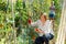 Grandmother and grandson work on a tomato plantation