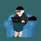 Grandmother hacker sits on an armchair with laptop and cat.