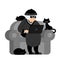 Grandmother hacker sits on an armchair with laptop and cat. gran