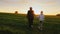 Grandmother with her granddaughter go through the meadow or field towards the sunset, wild birds fly up in front of them