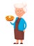 Grandmother holding delicious pie. Cute cartoon character.