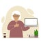 A grandmother holds a laptop computer on his hand and shows a thumbs up sign. Laptop computer technology concept. Vector