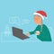 Grandmother with a laptop communicates online with children before Christmas. Senior people and technologies concept. Vector