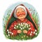 Grandmother Marta on spring field with snowdrops. Baba Marta Day, Martenitsa