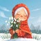 Grandmother Marta on spring field with snowdrops. Baba Marta Day, Martenitsa