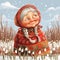 Grandmother Marta on spring field with snowdrops. Baba Marta Day, Martenitsa