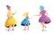 Grandmother, mother and daughter in beautiful dresses dance, jump and rejoice. The family is resting. Vector flat illustration in