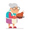 Grandmother old mother adult woman with fried chicken turkey housewife with baking flat design concept template vector
