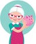 Grandmother a pensioner in an apron shakes a piggy bank