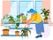 Grandmother, a pensioner watering indoor flowers. Winter garden, potted flowers. In minimalist style Cartoon flat raster