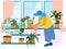 Grandmother, a pensioner watering indoor flowers. Winter garden, potted flowers. In minimalist style Cartoon flat Vector