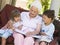 Grandmother reading to grandchildren