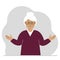 Grandmother is sad and upset. Hands are spread out in different directions. Vector