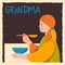 Grandmother sits at the table and eats. Square template with a grandmother in a scarf, with a spoon in her hand and text, in