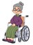 Grandmother sits in a wheelchair on a white background