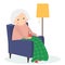 Grandmother sitting in armchair. Old woman leisure time. Grandma drink tea. Cute senior woman at home. Vector illustration