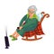 Grandmother sitting on a rocking chair and watching TV. Vector illustration in flat cartoon style.