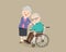 Grandmother soothes a grieving grandfather sitting on a wheelchair