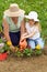 Grandmother teaching child the basics of gardening