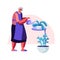 Grandmother watering flowerpots on a white background. Vector illustration