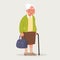 Grandmother wearing glasses. An elderly woman with a bag and a cane in her hands