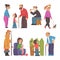 Grandpa and Grandma Knitting, Fishing, Walking the Dog and Playing with Their Grandson Vector Illustration Set