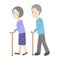 Grandpa and grandma are walking with a cane