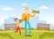 Grandpa and Grandson Playing with Toy Planes on Backyard, Grandfather Spending Time with Grandchild Cartoon Vector