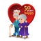 Grandpa huged grandma on big red heart background. Grandmother and grandfather celebrating long-term relationship