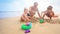 Grandpa Kids Build Sand Castle on Beach by Wave Surf
